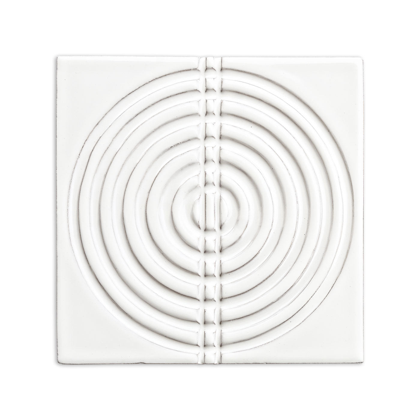 Glossy white 6x6 tile by Clay Imports, embossed with concentric circles and a central vertical dashed pattern.