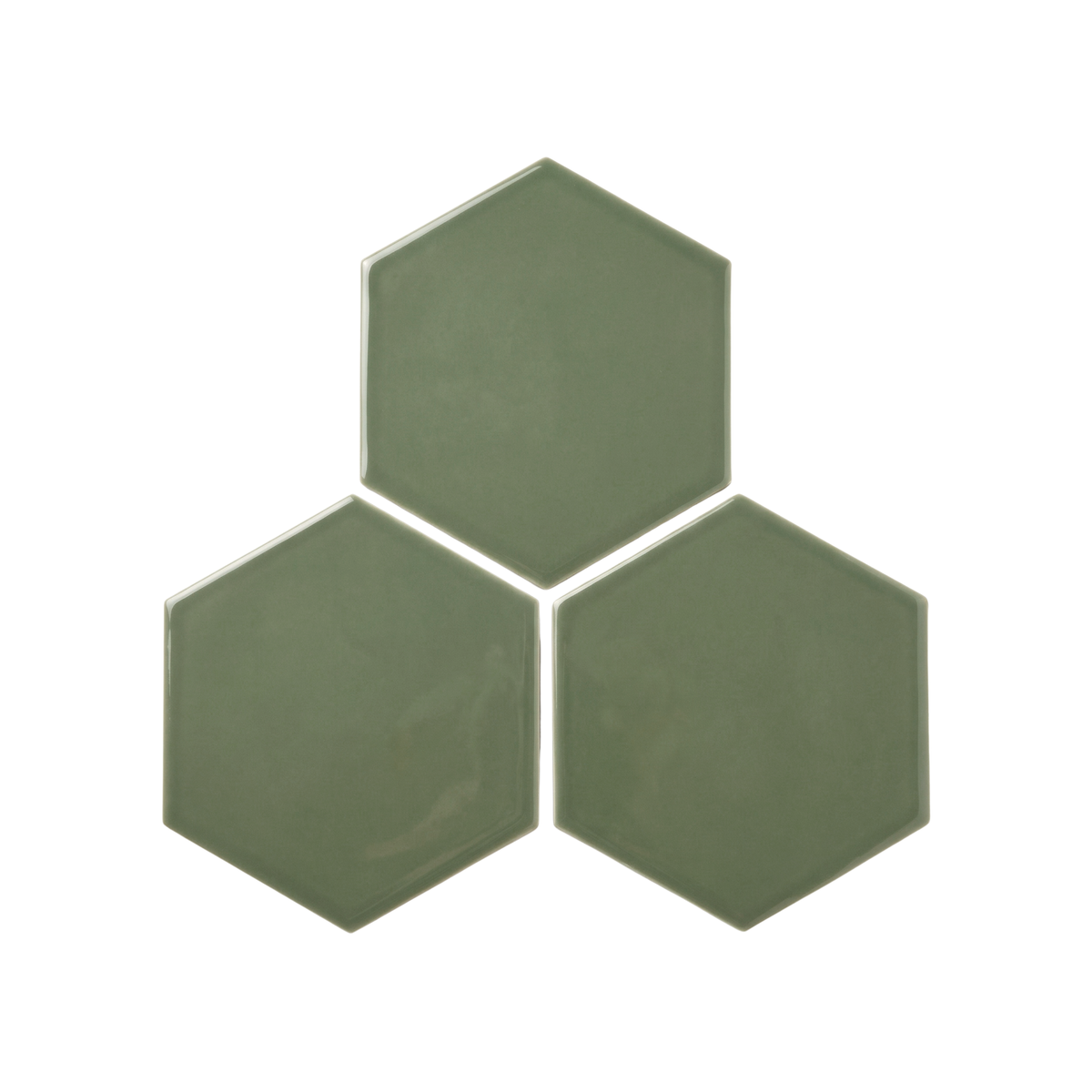 Three glossy hexagonal ceramic tiles in a muted sage green color, arranged in a triangular cluster on a solid white background.