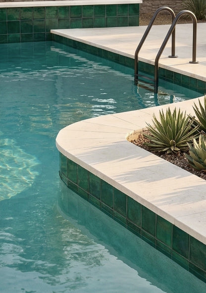 Glazed Cotto Forest 6x6 Pool Waterline Tile by Clay Imports, deep green with varied finish, installed along a pool edge.