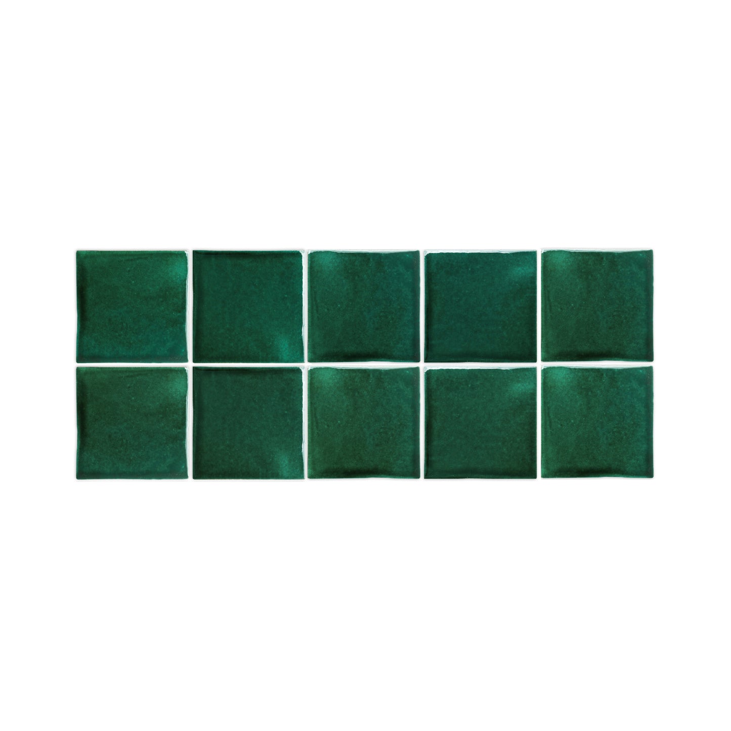 Forest green square glazed cotto pool waterline tiles by Clay Imports, arranged in two rows of five with white grout.