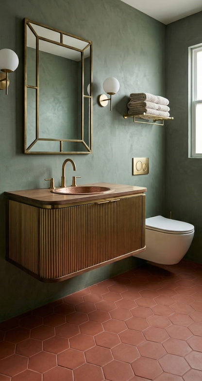 Hexagonal mamey clay tiles by Clay Imports covering a bathroom floor with green walls.