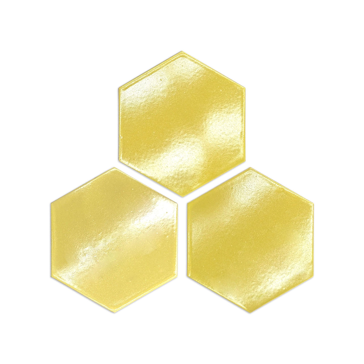 Three glossy yellow hexagon tiles showcase a reflective metallic finish.