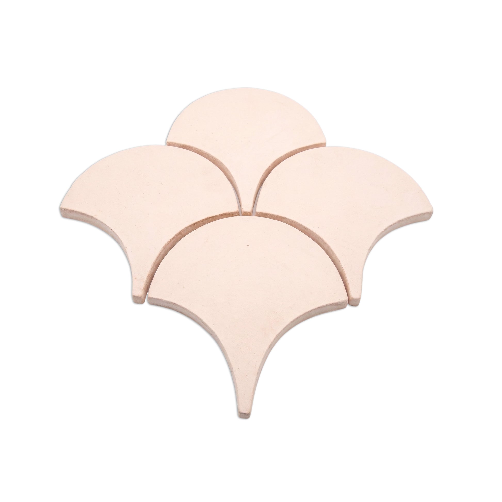 Light pink matte Abanico-shaped tile by Clay Imports arranged in a five-piece clover pattern.