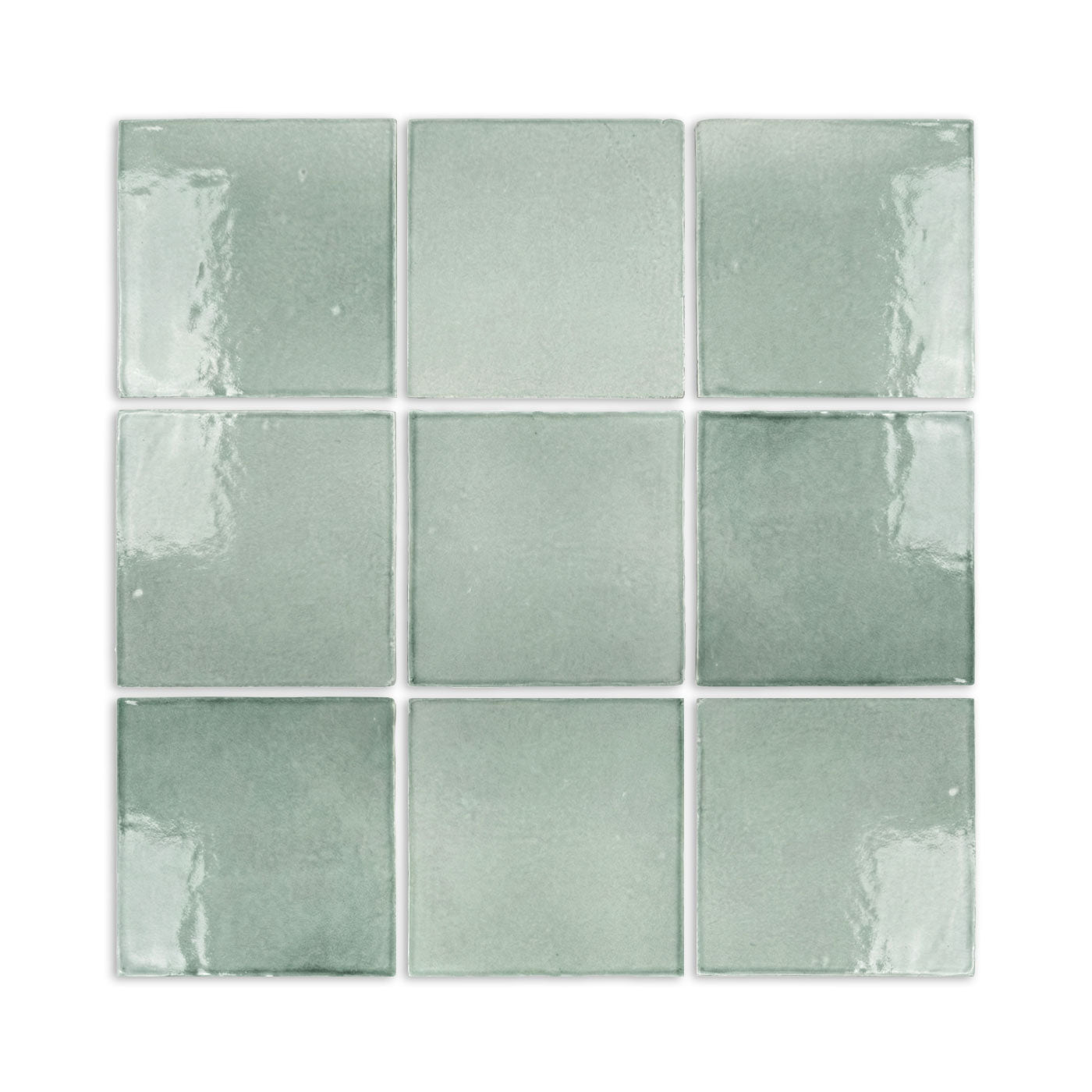 Glossy Arctic green square tiles by Clay Imports, arranged in a 3x3 grid with subtle texture variations.