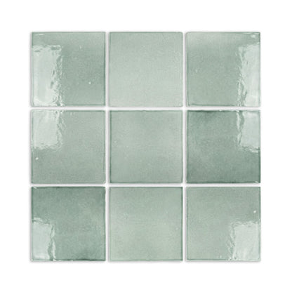 Glossy Arctic green square tiles by Clay Imports, arranged in a 3x3 grid with subtle texture variations.