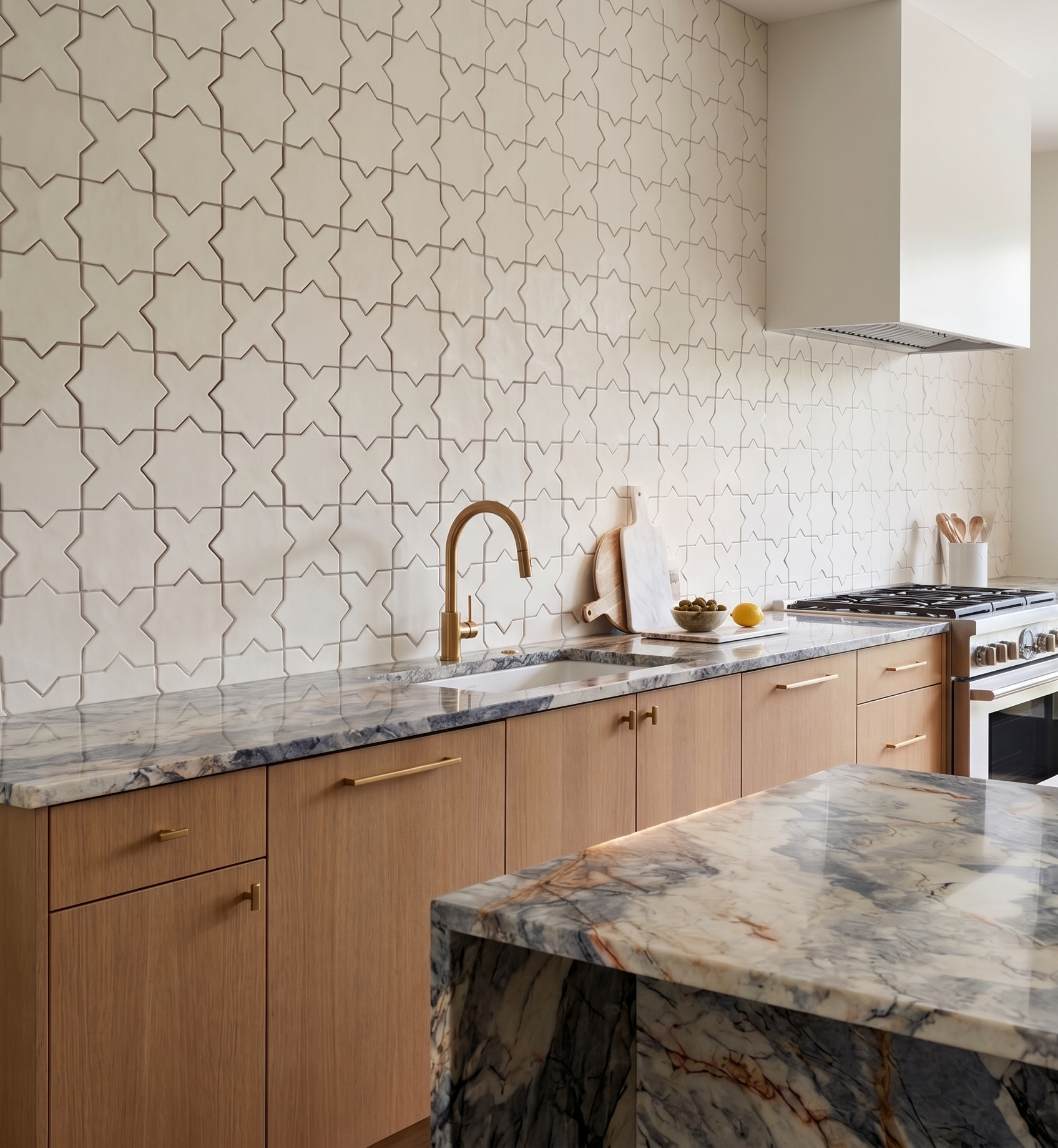 Mexican Vanilla Star & Cross solid tile by Clay Imports, creating a dimensional geometric pattern backsplash.