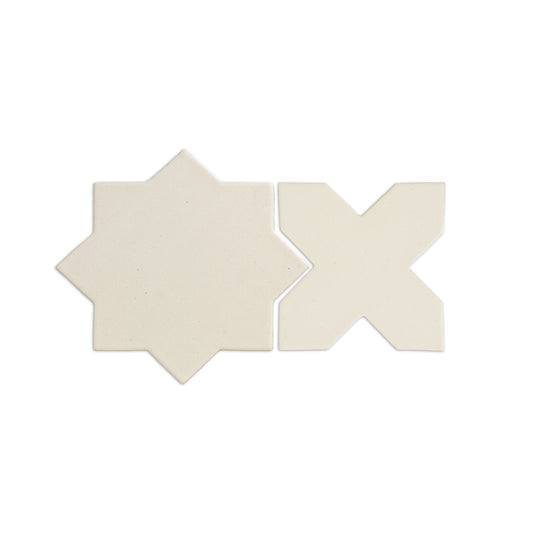 Cream-colored Mexican vanilla star and cross ceramic tiles, matte finish, geometric shapes, side-by-side display