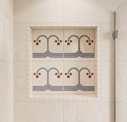 Decorative tile pattern in a shower niche with geometric design