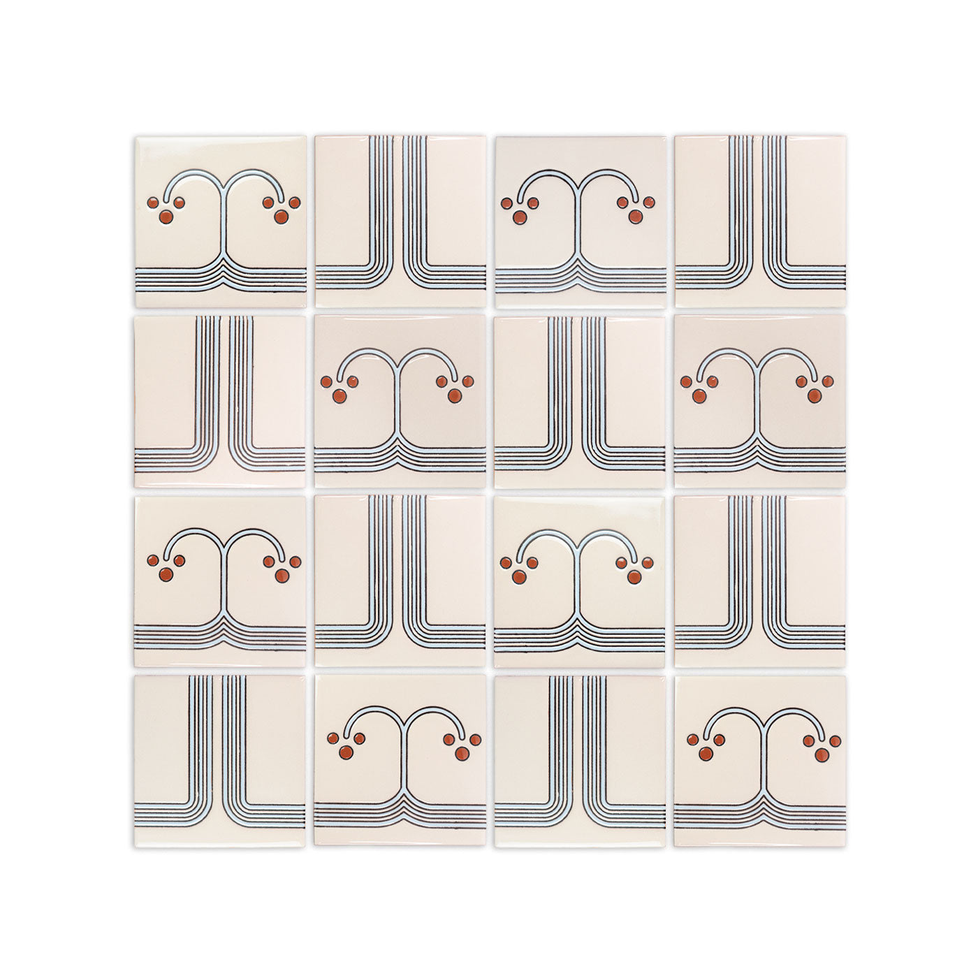 Cream pattern tile by Clay Imports with a repeating retro geometric design of parallel lines and red dots in a 4x4 grid.