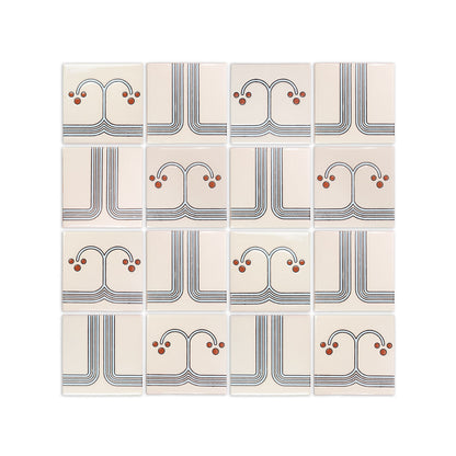 Cream pattern tile by Clay Imports with a repeating retro geometric design of parallel lines and red dots in a 4x4 grid.