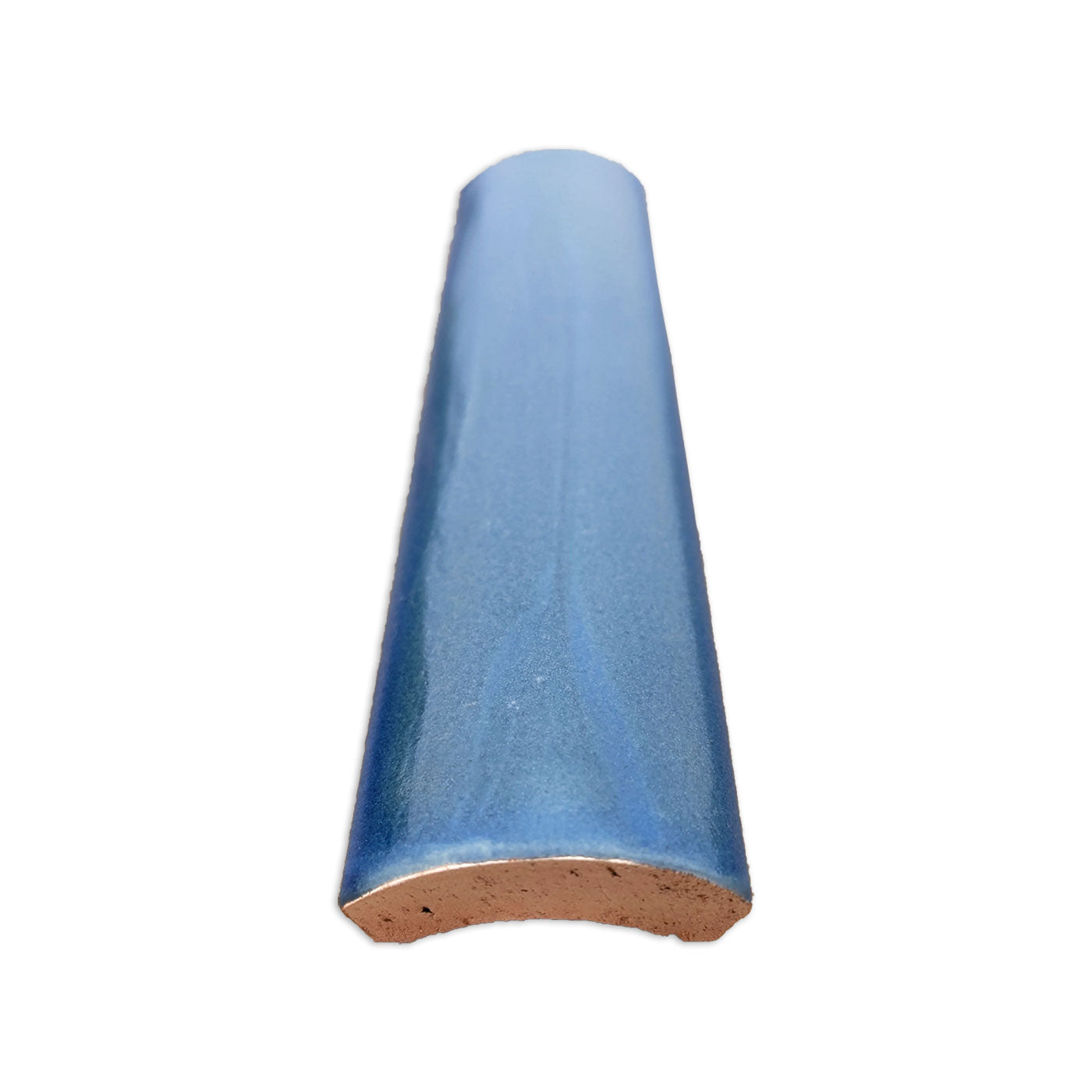 Blue stardust-glazed quarter round tile by Clay Imports, showing its curved top and terracotta base.