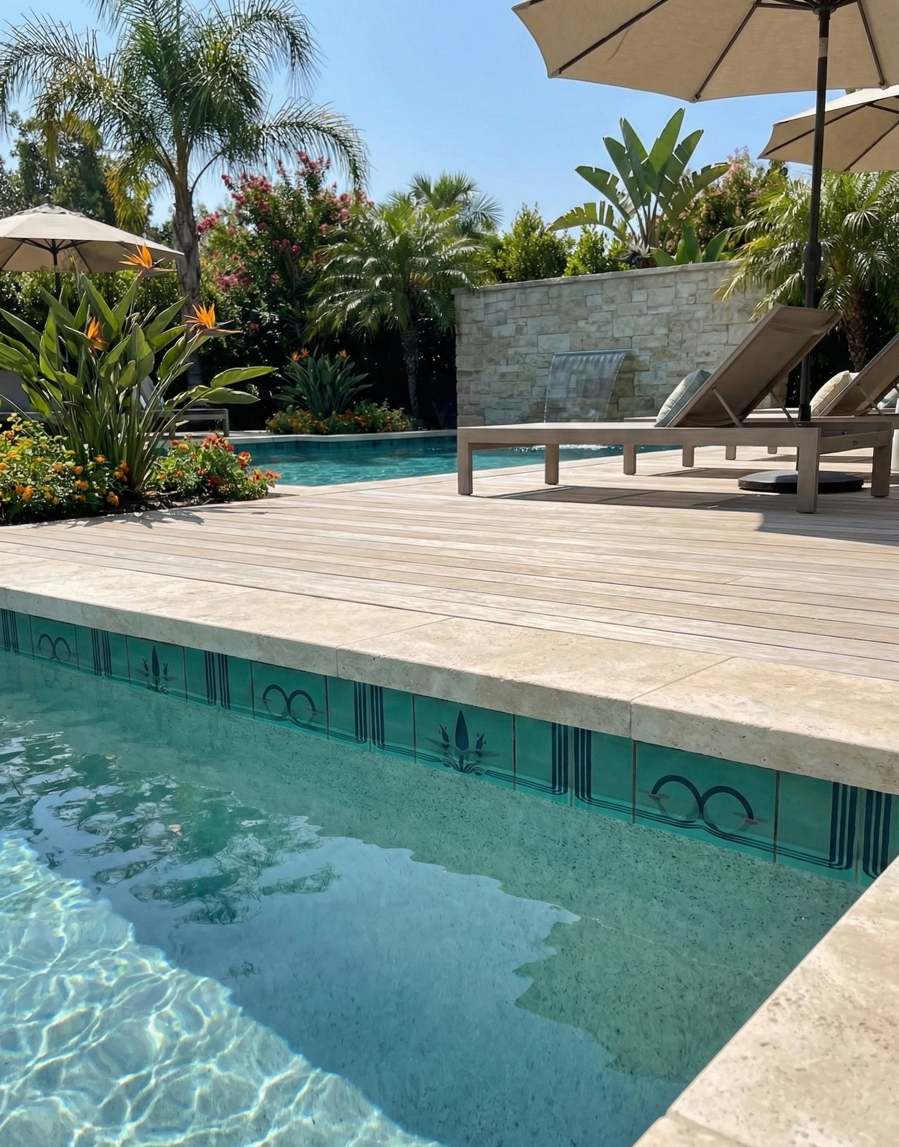 Jade Relief Conectada Pool Waterline Tile by Clay Imports, with dark blue geometric and stylized floral patterns against a light green background.