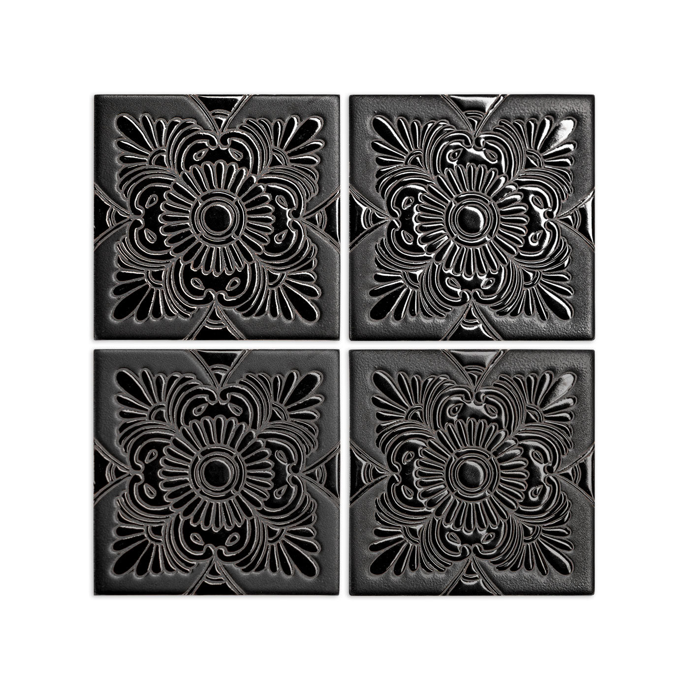 Black relief ceramic tiles with intricate floral pattern, 6x6 inch, arranged in grid view