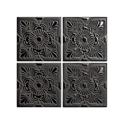 Black relief ceramic tiles with intricate floral pattern, 6x6 inch, arranged in grid view