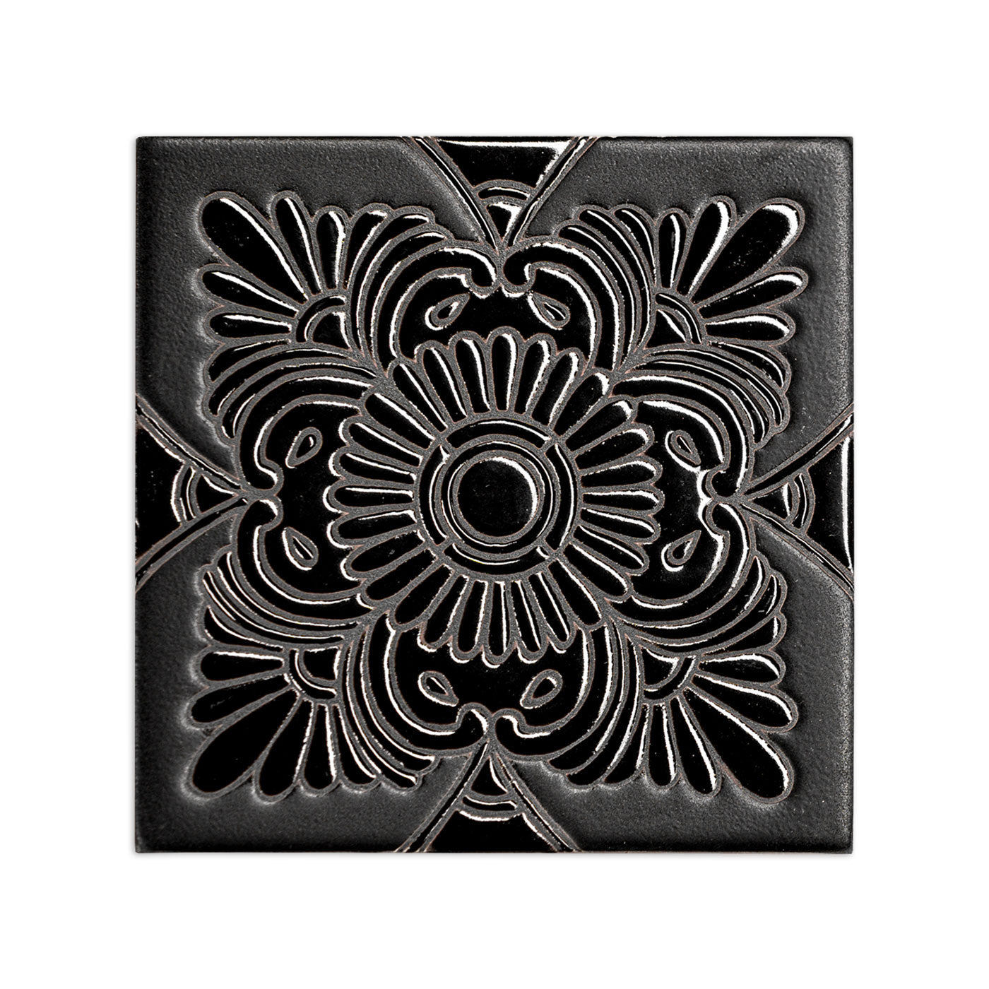 Black 6x6 ceramic tile with raised floral relief pattern, matte finish, central chrysanthemum design, symmetrical detailing, front view