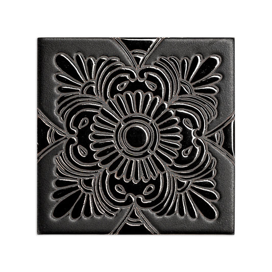 Black 6x6 ceramic tile with raised floral relief pattern, matte finish, central chrysanthemum design, symmetrical detailing, front view