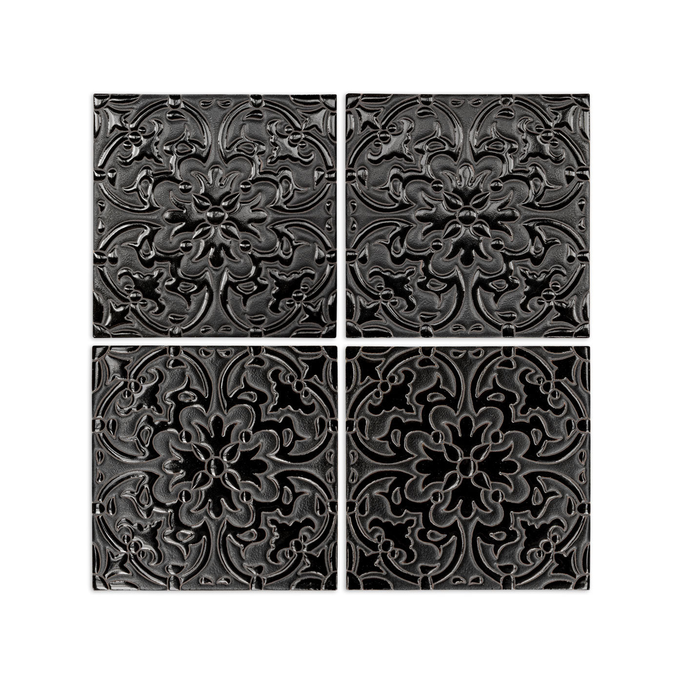 Black relief tile with intricate floral pattern, matte finish, four-piece set, 6x6 inch, decorative surface texture