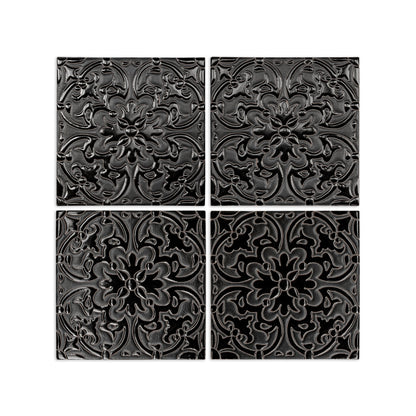 Black relief tile with intricate floral pattern, matte finish, four-piece set, 6x6 inch, decorative surface texture