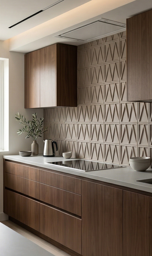 Brown 6x6 solid tile by Clay Imports, featuring 3D geometric triangular patterns as a modern kitchen backsplash.