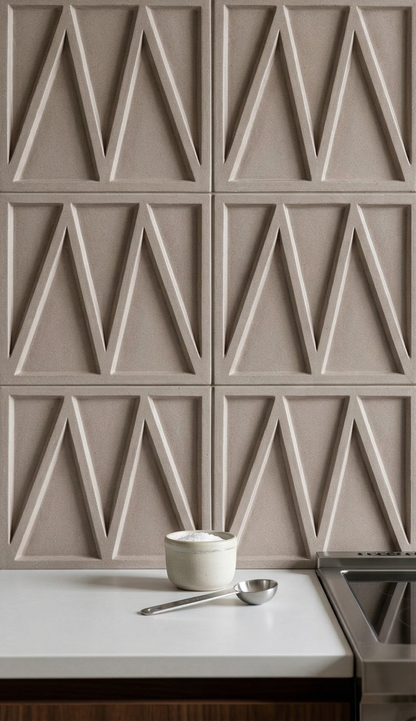 Sierra Boot brown 6x6 solid tile by Clay Imports with a raised geometric triangle pattern kitchen backsplash.