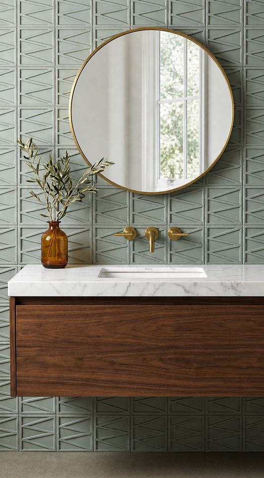 Green 6x6 3D tile by Clay Imports with a geometric pattern, installed on a bathroom wall behind a mirror.