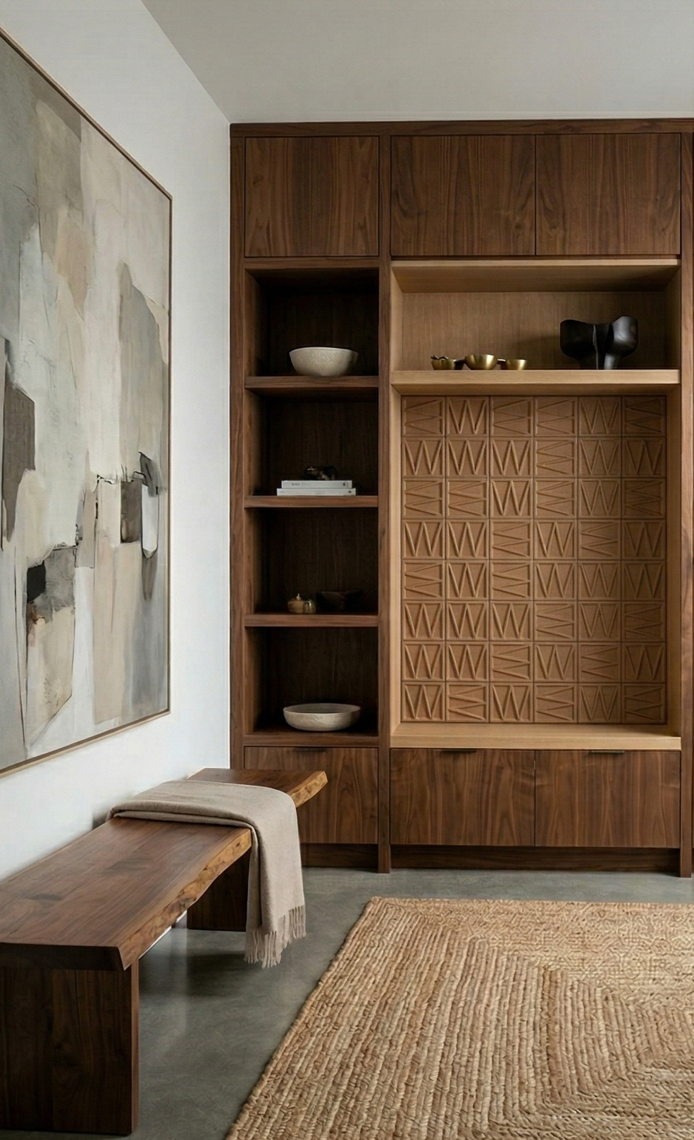 Brown wood-look solid tile by Clay Imports featuring a geometric W-shaped pattern.