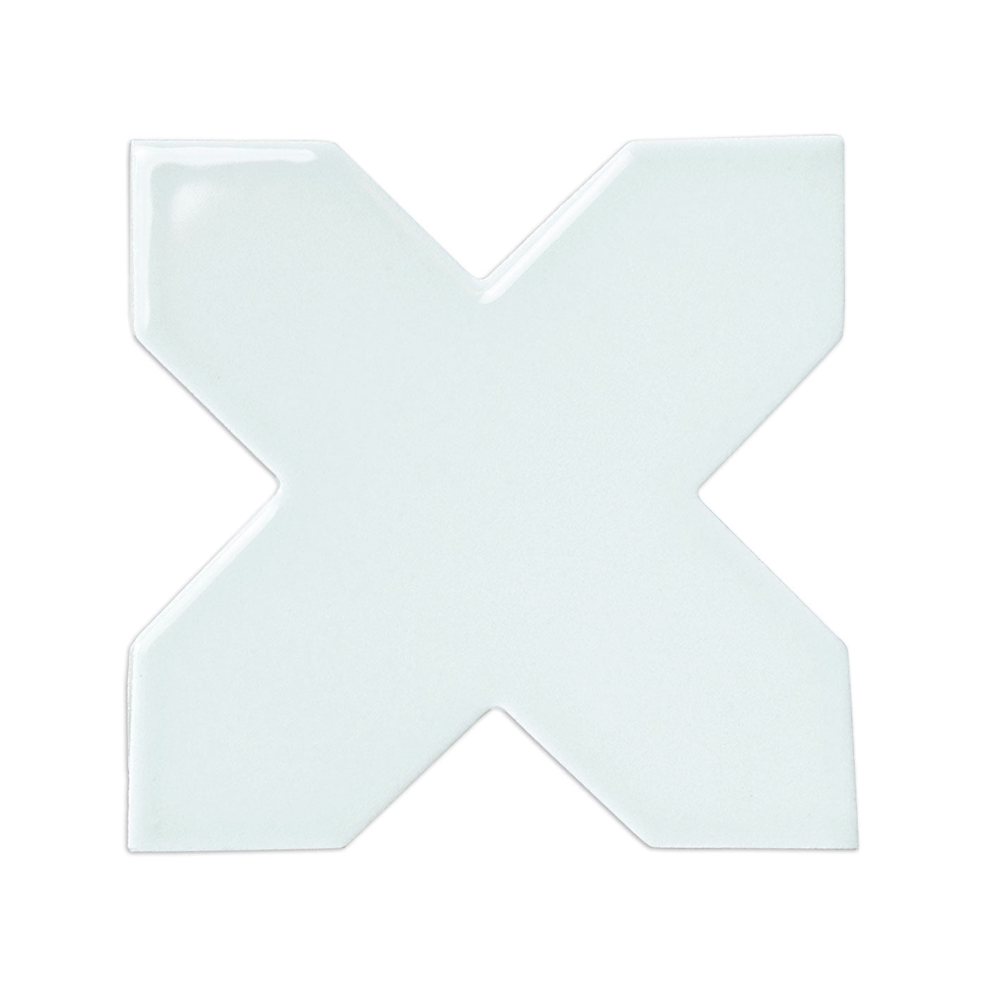 Spearmint green ceramic cross tile with glossy finish, top-down view, smooth surface, geometric X shape