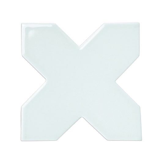 Spearmint green ceramic cross tile with glossy finish, top-down view, smooth surface, geometric X shape