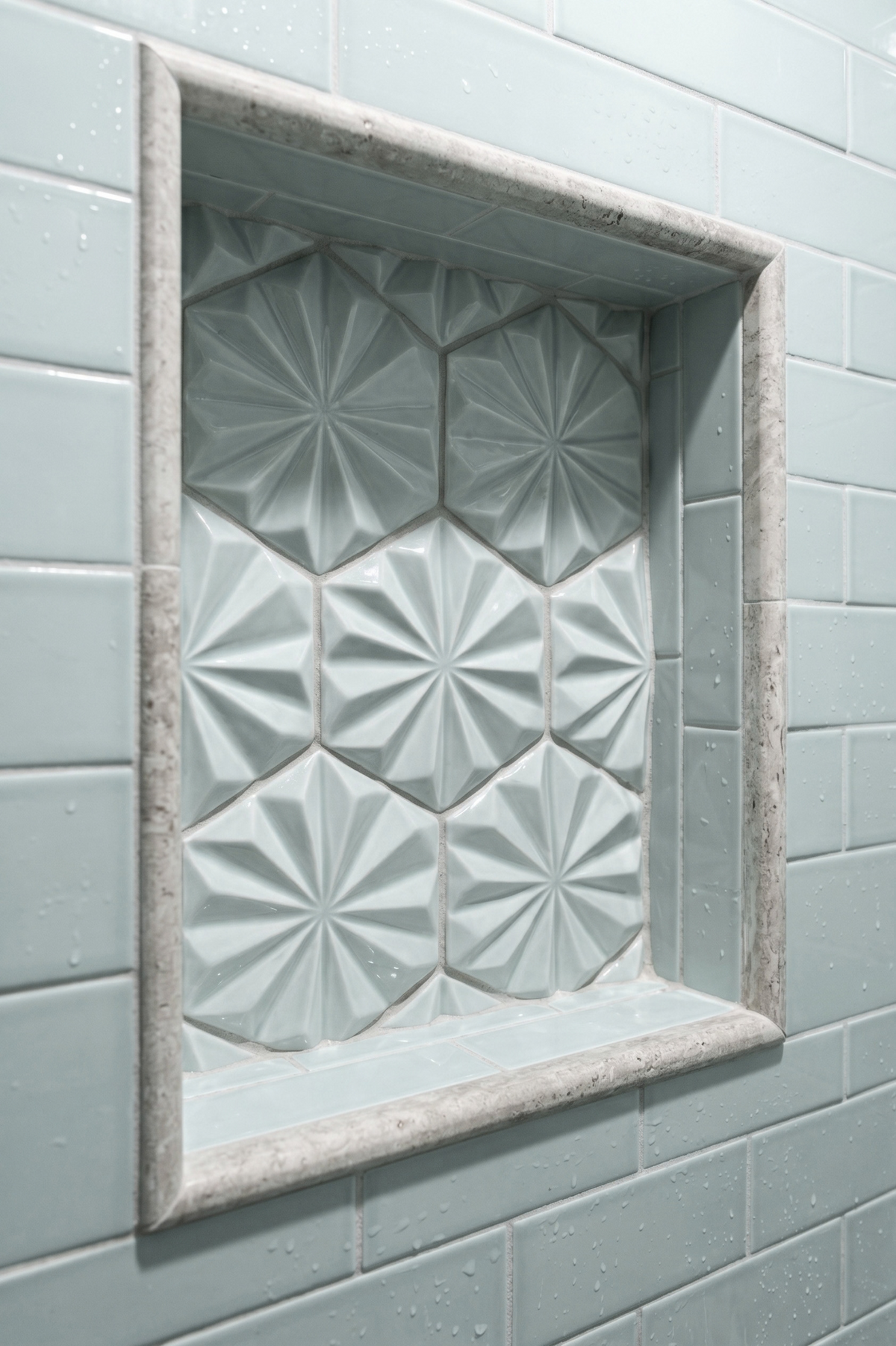 A shower niche features glossy light blue dimensional hexagonal tiles, framed by light grey subway tiles and a stone border.