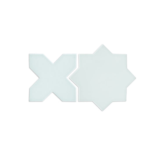 Spearmint green ceramic star and cross tiles with smooth matte finish, shown side by side on white background