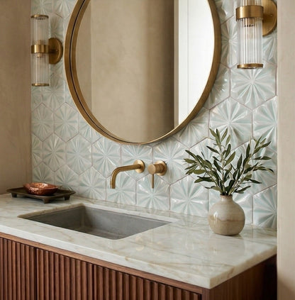 Spearmint Solid Tile by Clay Imports, featuring a hexagonal 3D fan pattern as a bathroom backsplash with brass accents.