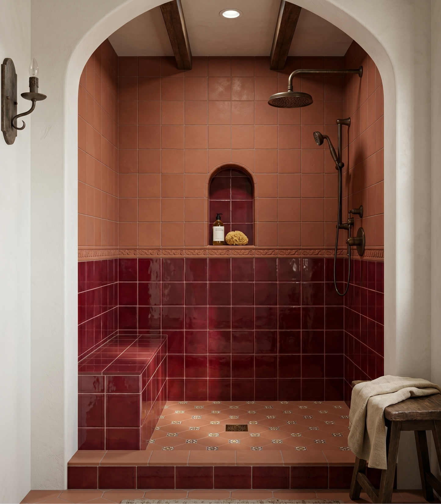 Oxblood 6x6 clay tiles by Clay Imports, featuring glossy deep red tiling for shower walls and bench, contrasted with matte terracotta.