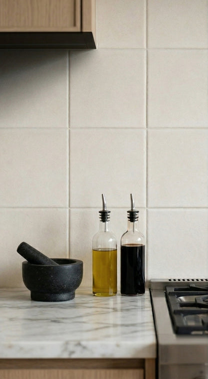 Twine 6x6 clay tile by Clay Imports, light beige and square with a subtle texture, installed as a kitchen backsplash above a marble countertop.
