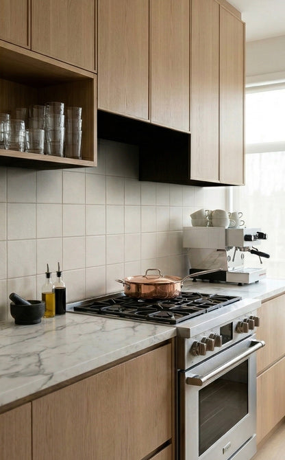 Light, matte Twine 6x6 clay tile by Clay Imports forming a square-patterned kitchen backsplash.