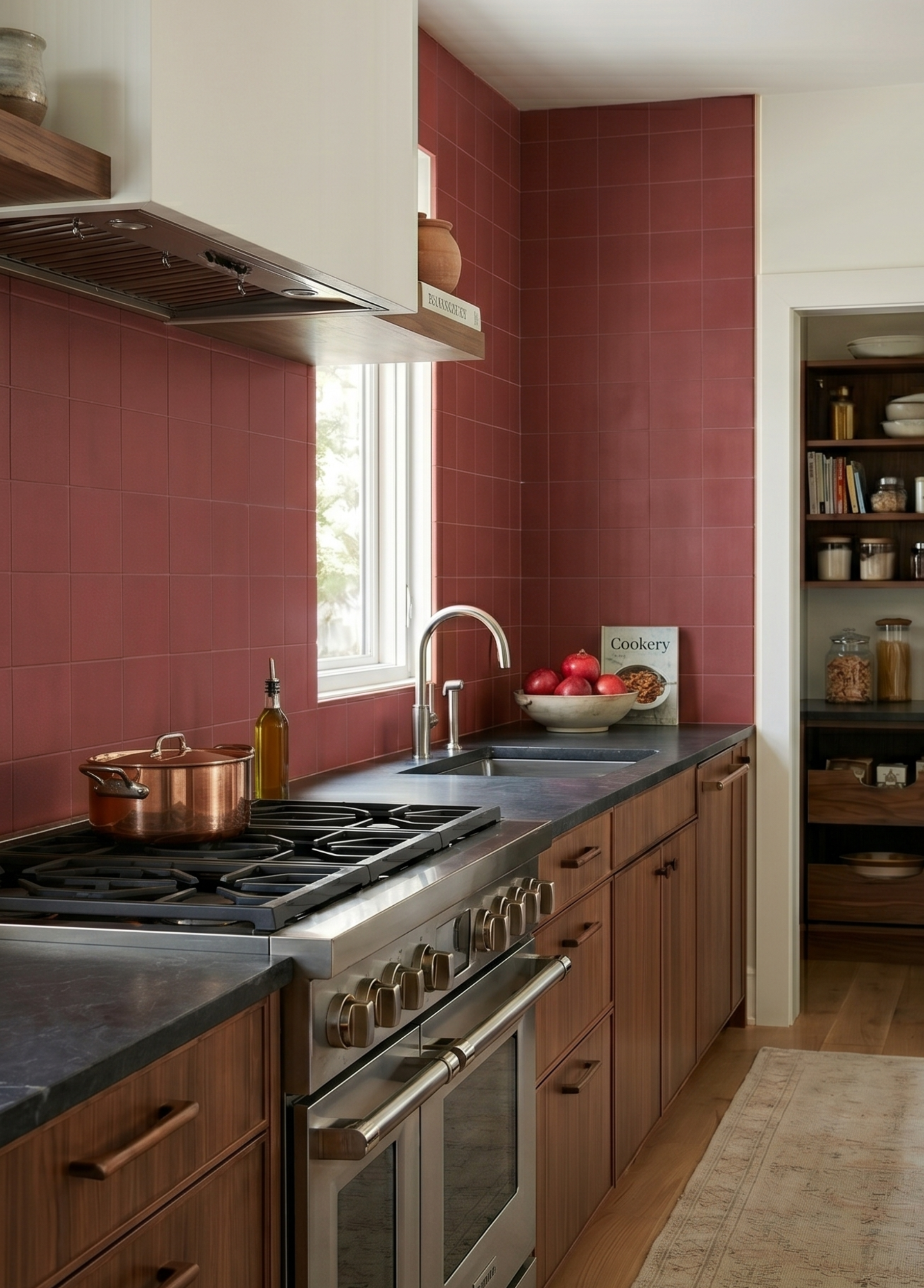 6x6 wild berry clay tiles by Clay Imports on a kitchen backsplash and wall.