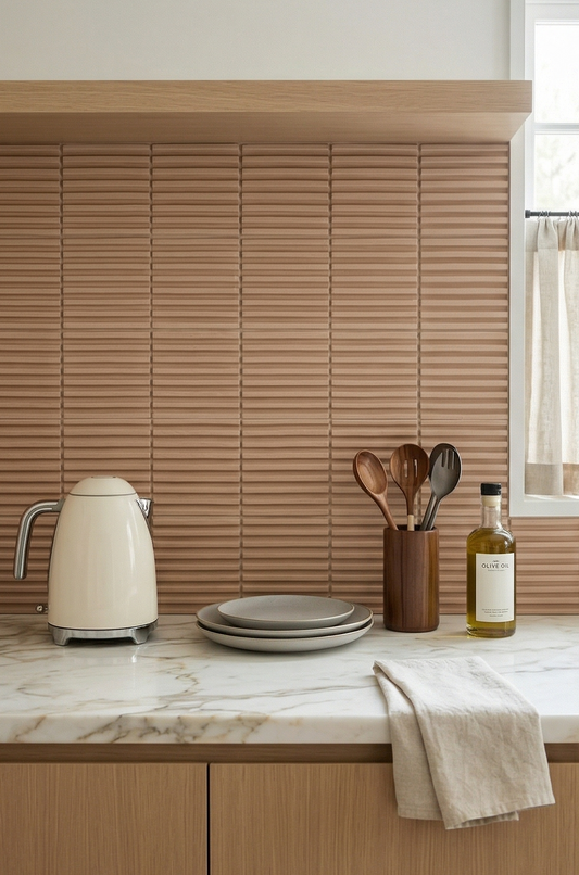 Light brown ribbed tiles by Clay Imports used as a kitchen backsplash above a marble counter.