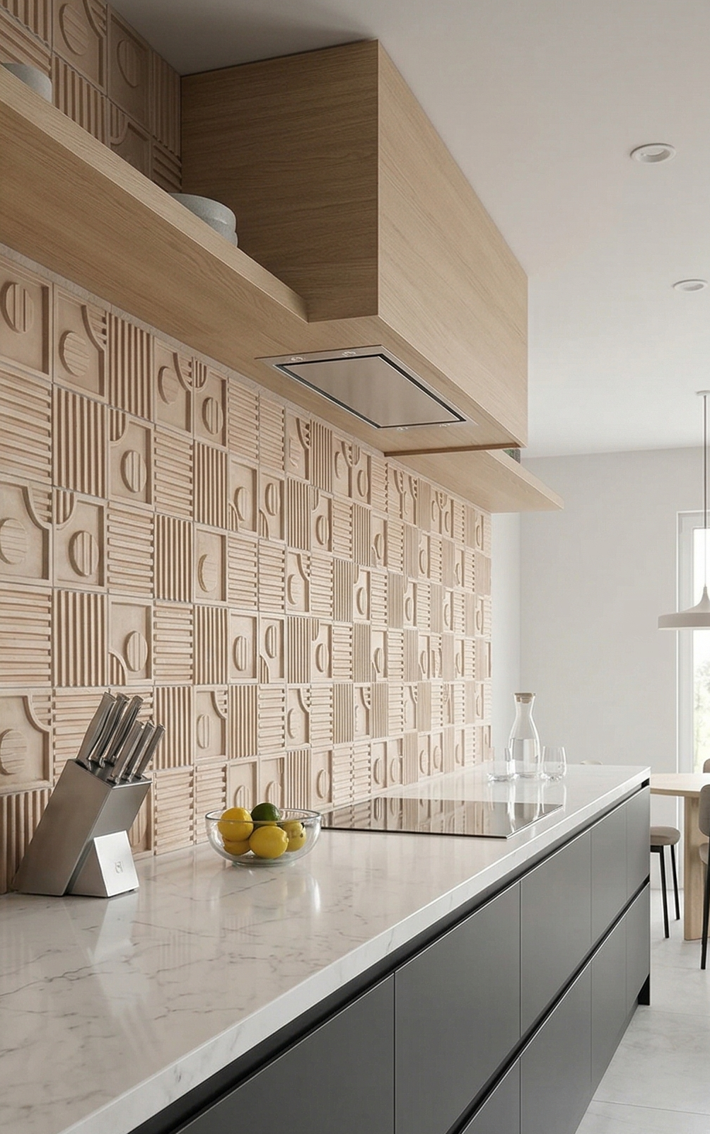 Light wood-toned decorative wall tiles by Clay Imports, featuring carved geometric half-circles and lines.