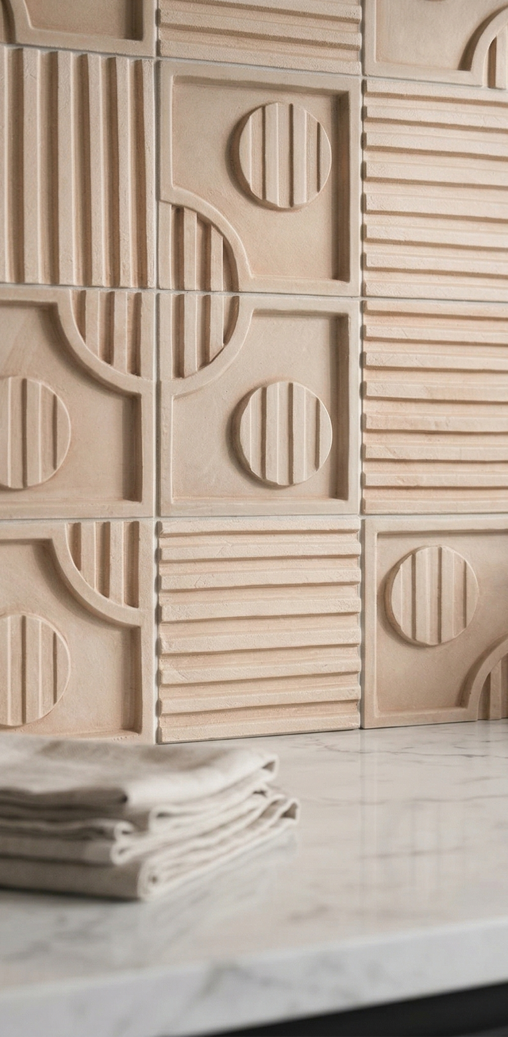 Opaque beige textured wall tile by Clay Imports, featuring geometric patterns with raised lines and shapes, above a marble countertop.