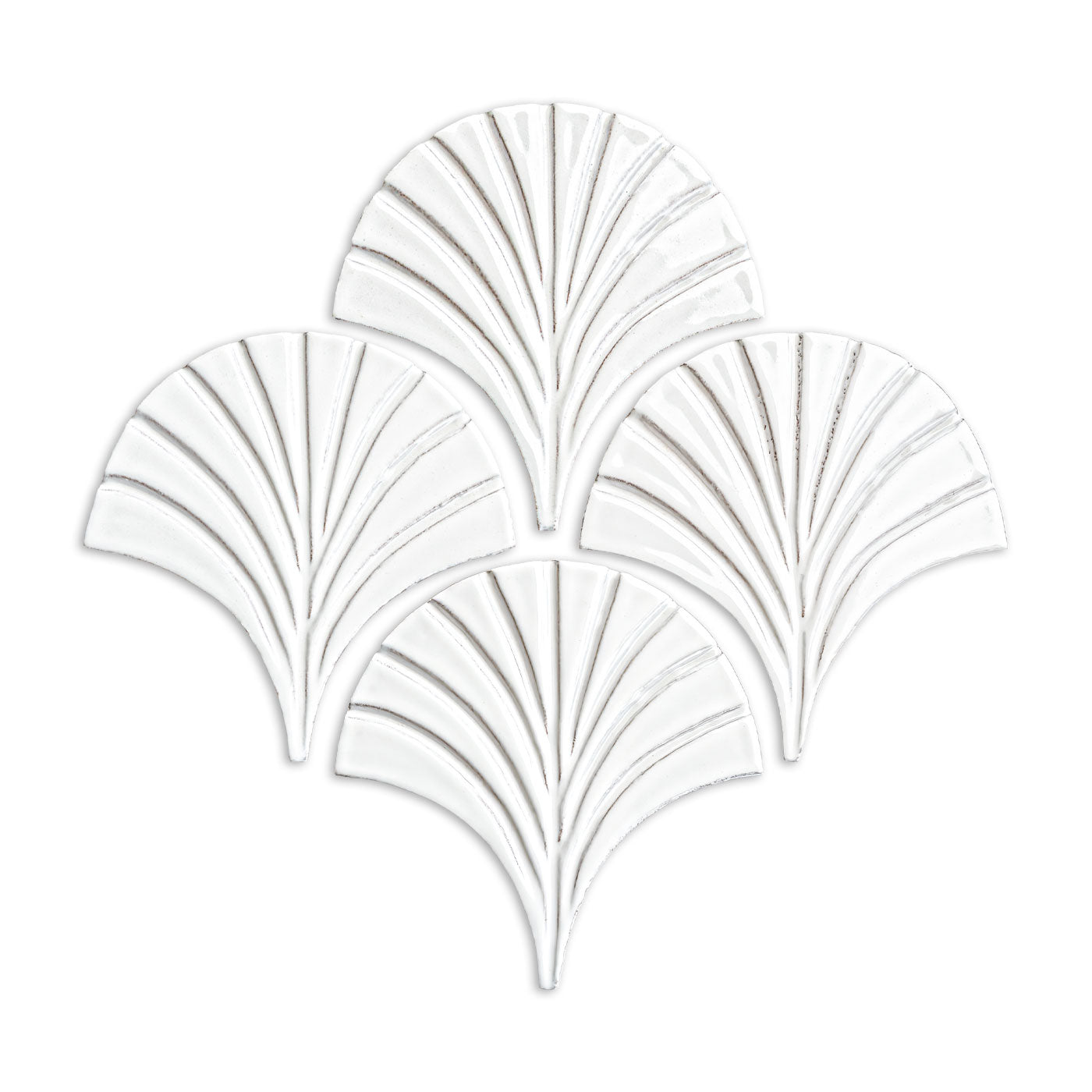 White glossy fan-shaped Glazed Terracotta tiles by Clay Imports, featuring textured lines, arranged in a diamond shape.