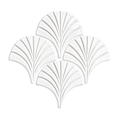 White glossy fan-shaped Glazed Terracotta tiles by Clay Imports, featuring textured lines, arranged in a diamond shape.