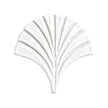 White, glossy fan-shaped glazed terracotta tile by Clay Imports, featuring raised, radiating segments and subtle brown outlines.