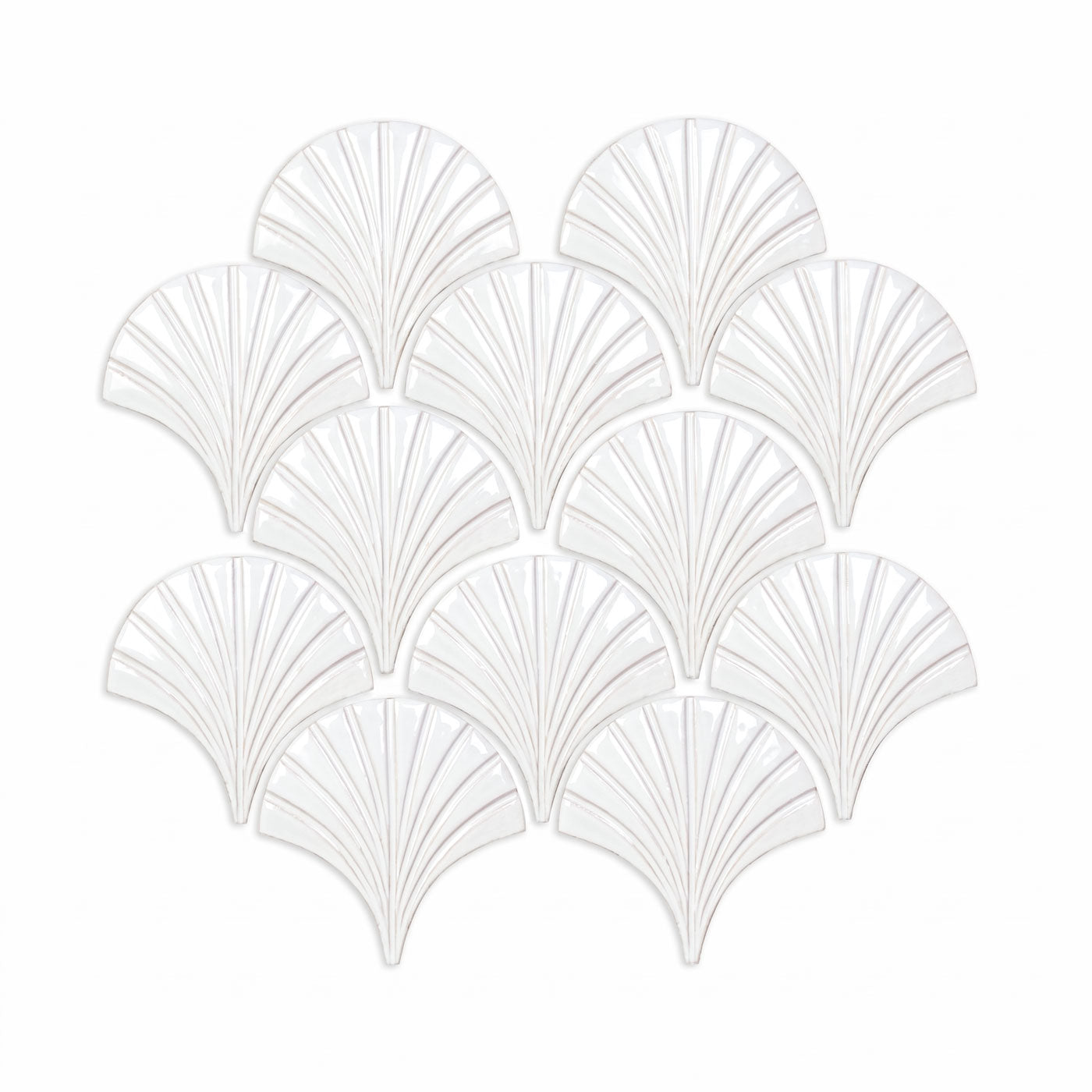 White fan-shaped Tide Perla Gloss 6 Glazed Terracotta tiles by Clay Imports, featuring a glossy ribbed texture.