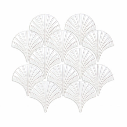 White fan-shaped Tide Perla Gloss 6 Glazed Terracotta tiles by Clay Imports, featuring a glossy ribbed texture.