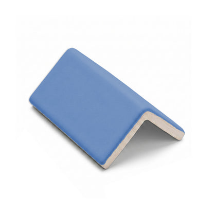 Blue V cap solid tile trim by Clay Imports with smooth surface and angled ends.