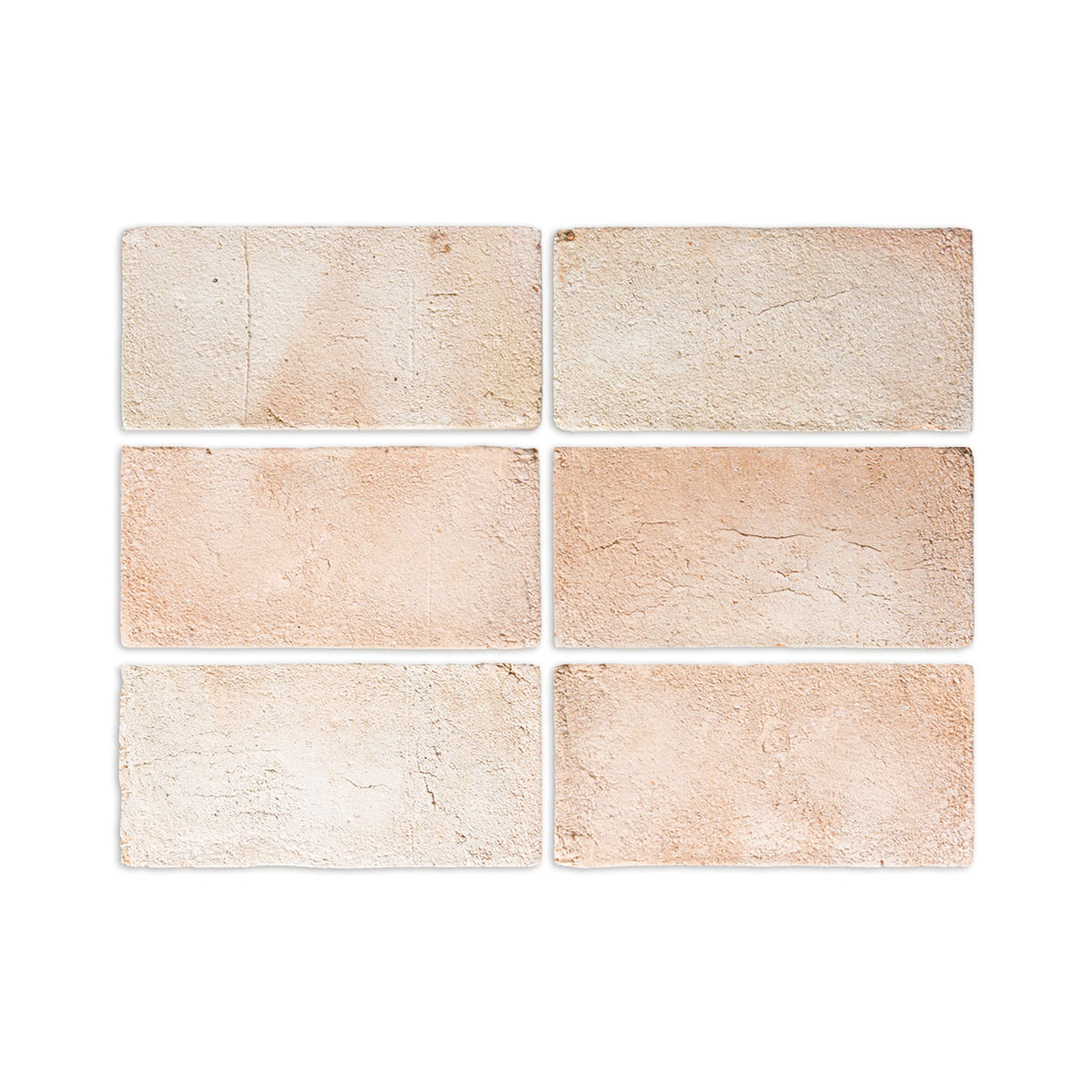 Six rectangular stone tiles arranged in a 3-by-2 grid on a plain white background. The tiles have a textured, natural stone appearance in soft warm tones of beige, cream, and light peach.