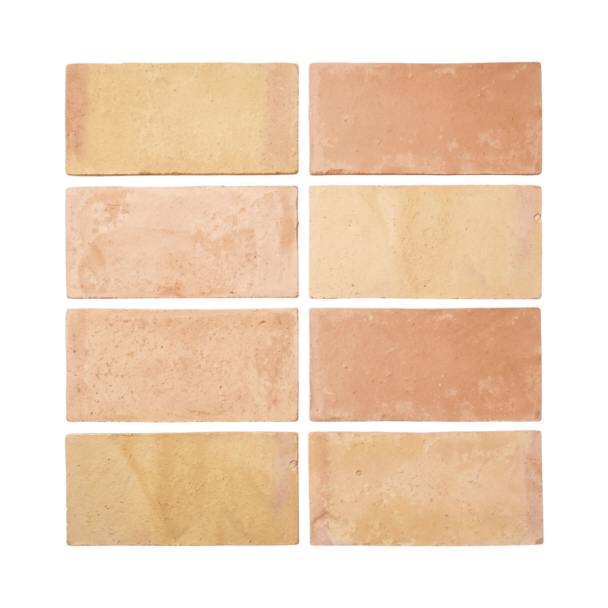Eight rectangular terracotta or clay tiles arranged in a 2x4 grid on a plain white background, showing natural color variations in warm beige, tan, and muted orange tones.
