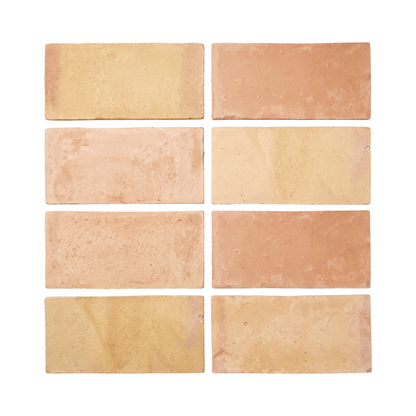 Eight rectangular terracotta or clay tiles arranged in a 2x4 grid on a plain white background, showing natural color variations in warm beige, tan, and muted orange tones.