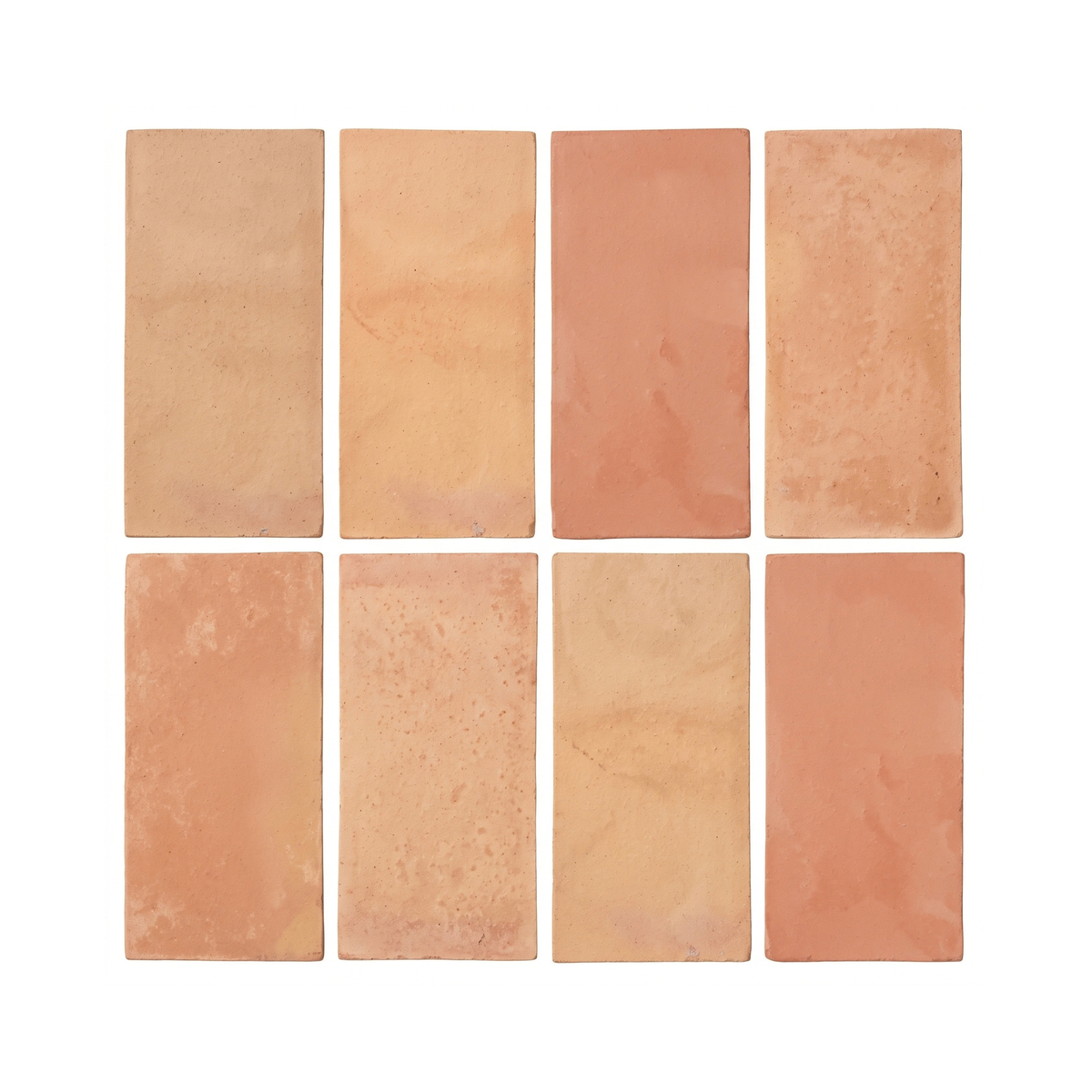 Eight rectangular terracotta tiles arranged in a 2x4 grid on a plain white background, showing variations in warm peach, orange, and sandy beige tones.