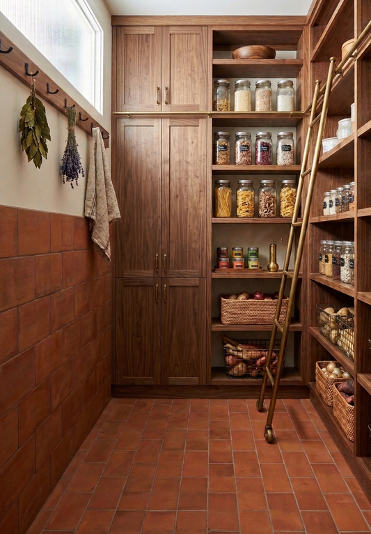 Reddish-brown terracotta 6x13 Cotto Tierra tiles by Clay Imports covering the floor and lower wall of a rustic pantry.