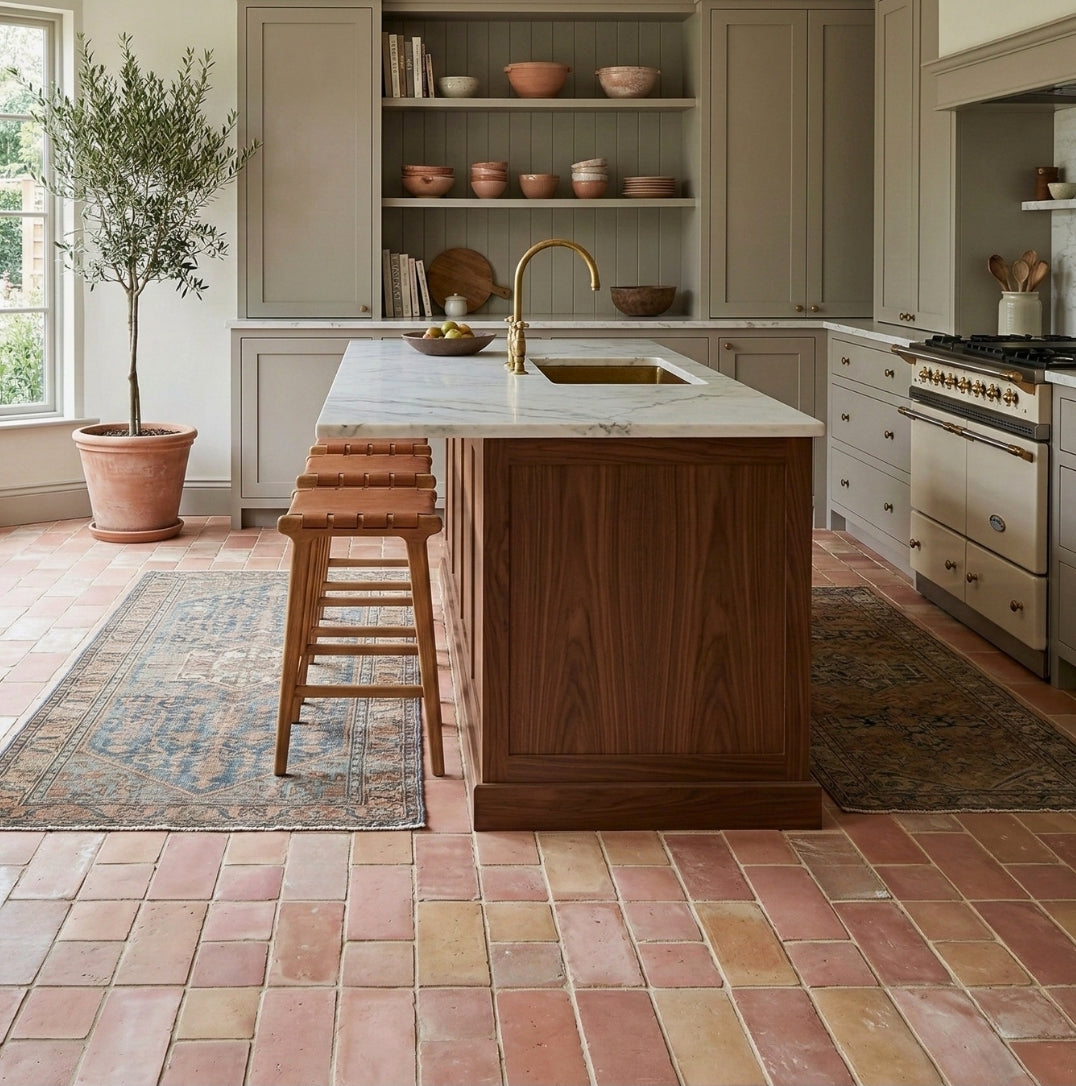 Smooth Matte 6x12 Terracotta tiles by Clay Imports in varied reddish-pink and peach tones on a kitchen floor.